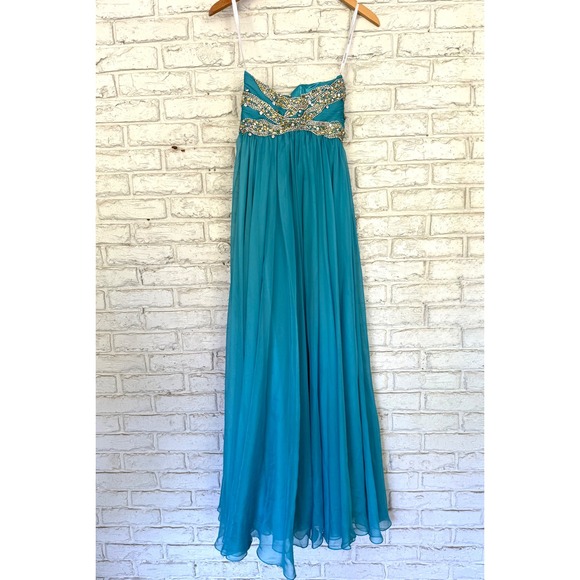 Sherri Hill Size 0 Blue Beaded Strapless Formal Gown Prom Dress Ruched Gemstones - Picture 2 of 16